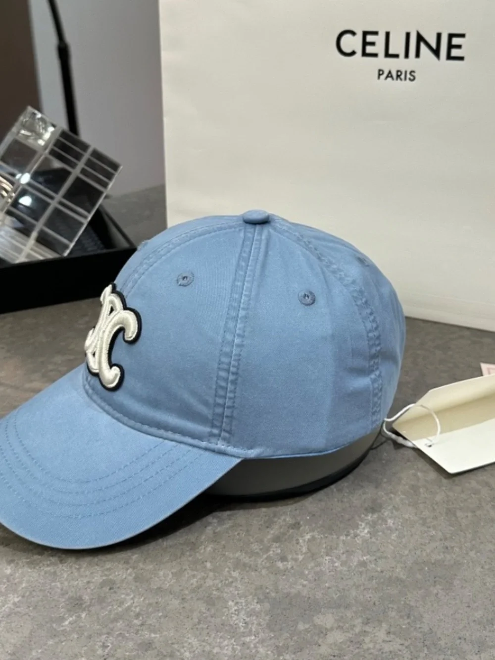 Celine. Light Blue Triomphe. Embroidered Logo Baseball Hap Cap